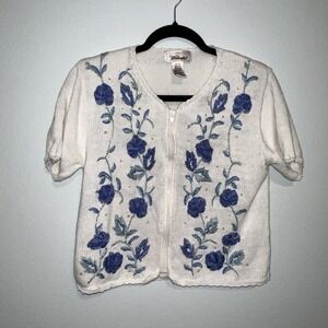 VTG Worthington S/S Knit Sweater Shoulder Pads White Floral Zip embroidery front